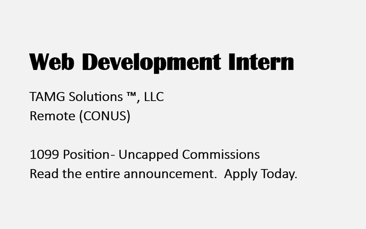 Web Development Intern job posting. US Applicants. Remote. Junior Developer. 1099.